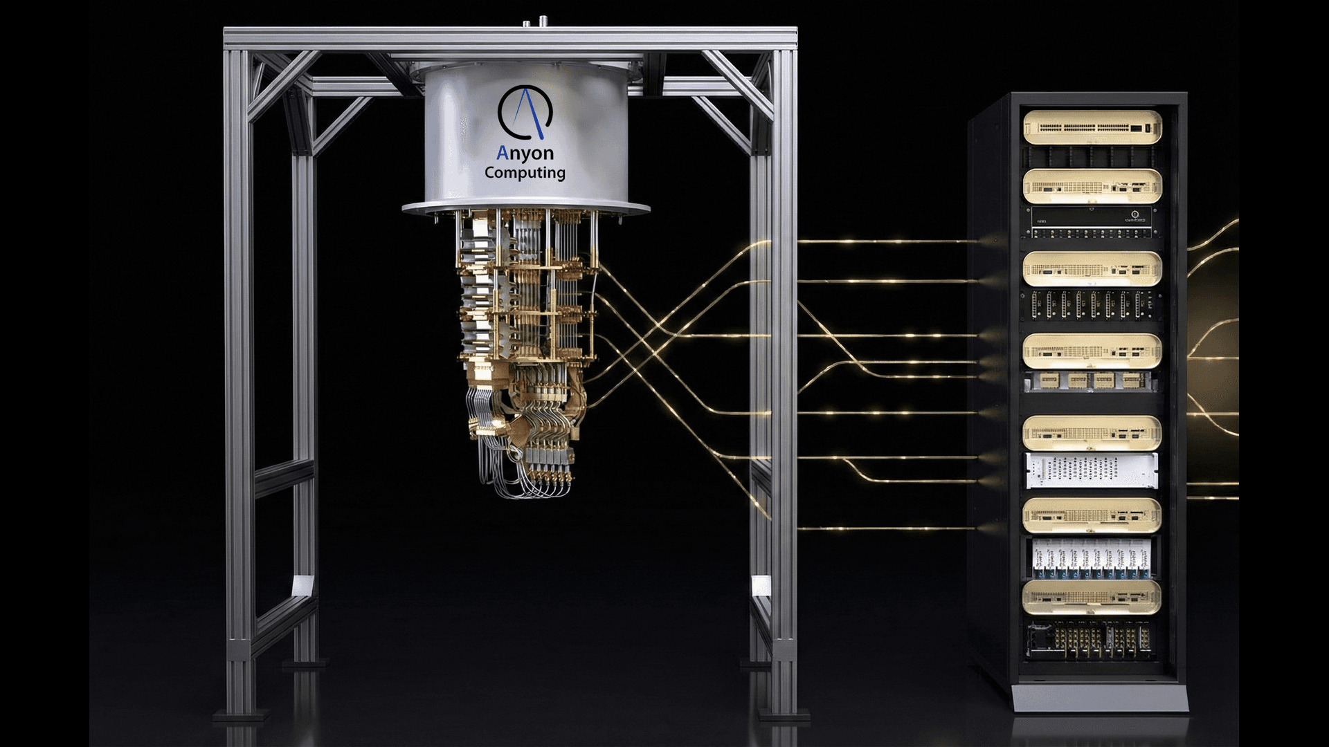 Anyon Computing quantum supercomputer: the cryostat housing the QPU and the quantum control cluster rack