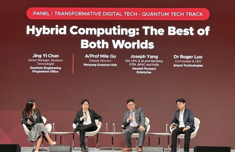 Four panelists on stage at SWITCH 2024 in Singapore under a screen reading Hybrid Computing: The Best of Both Worlds.