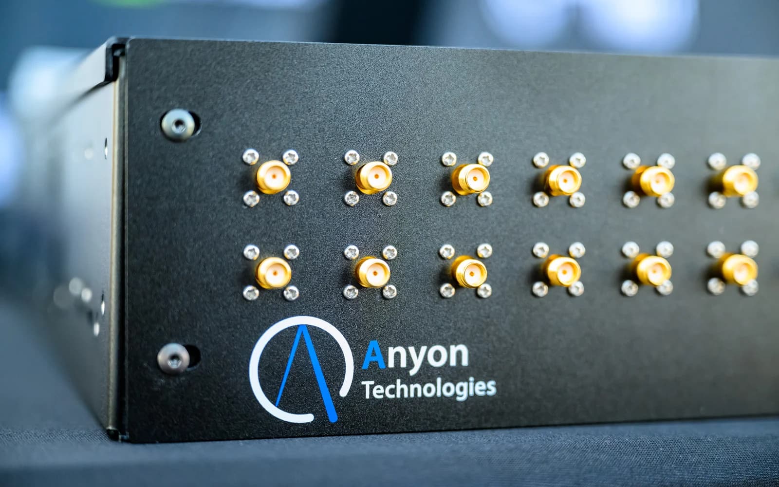Anyon quantum control electronics: a rack-mount chassis with two rows of gold SMA microwave connectors on its front panel